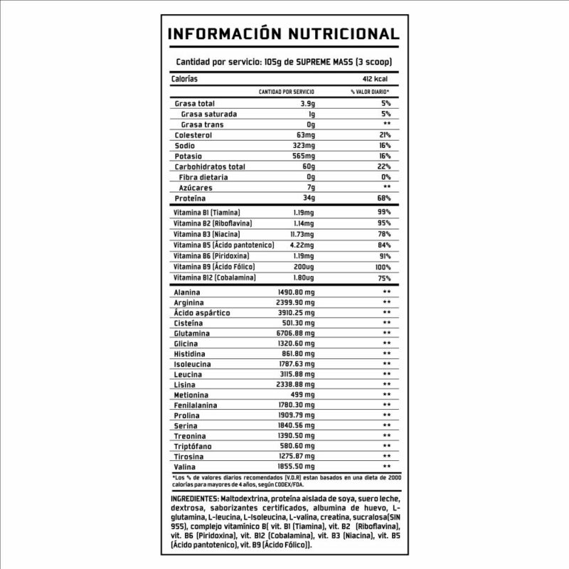 Supreme Nutrition Supreme Mass 4lb Vainilla - Imagen 3