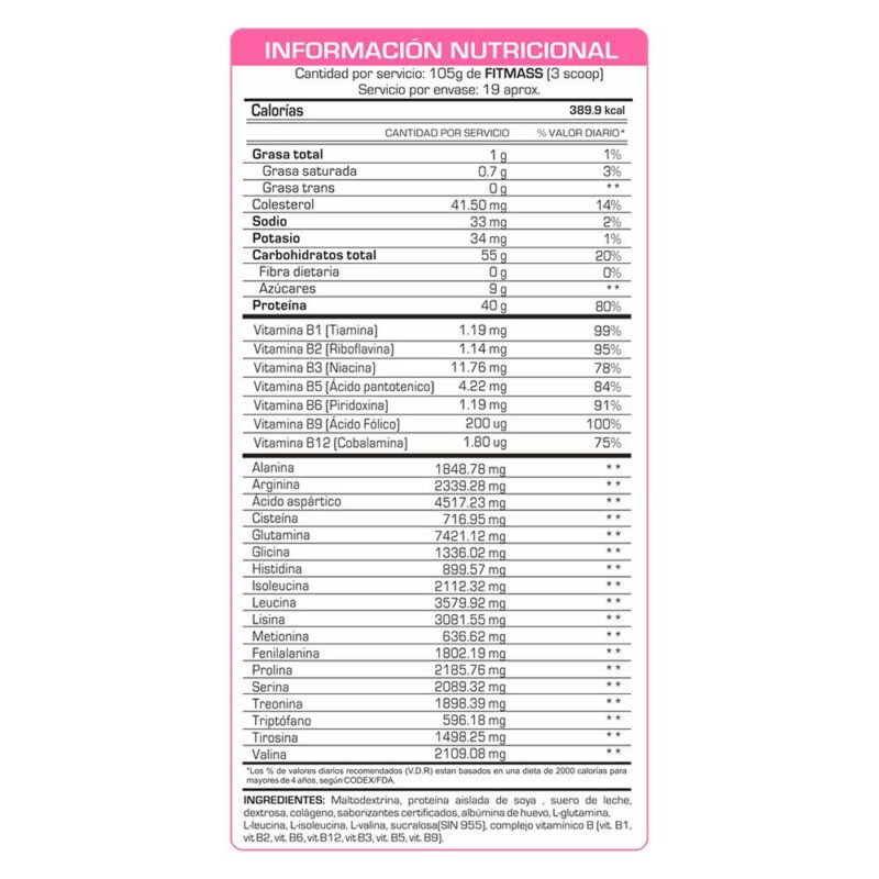 Proteína Fitfem Fit Mass 2kg Vainilla - Imagen 3