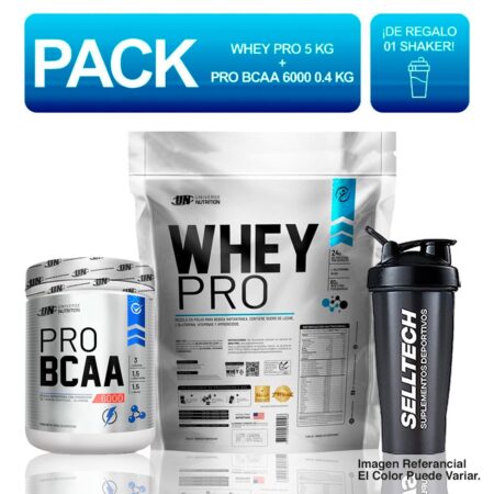 Pack UN Whey Pro 5kg Chocolate + Bcaa 6000 400gr Naranja