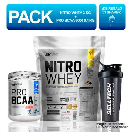 Pack UN Nitro Whey 3kg Chocolate + Bcaa 6000 400gr Naranja